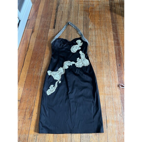 Papell Boutique Evening Size 8 Black 90s Sequin Lace Halter Embroidered Dress - Picture 1 of 10